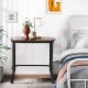 Narrow end side table with rustic brown tabletop and heavy-duty steel frame, perfect for living room or bedroom use.